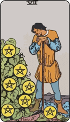 Seven of Pentacles upright tarot card